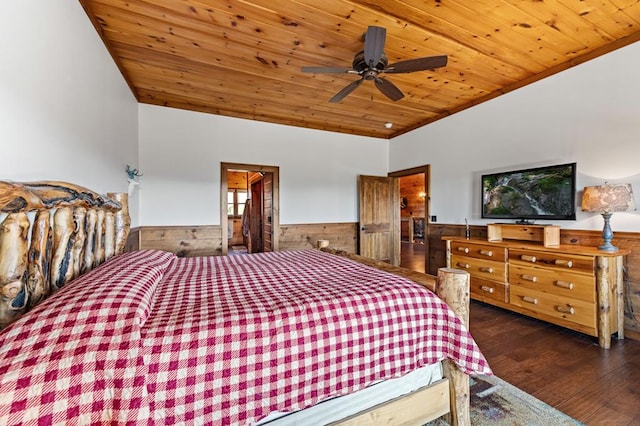 bedroom featuring wooden ceiling, wood finished floors, wooden walls, and wainscoting