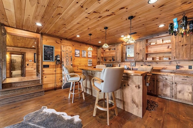 interior space featuring dark wood-type flooring, butcher block counters, open shelves, recessed lighting, and wooden ceiling