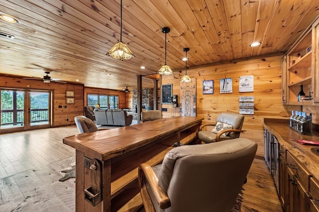 interior space with recessed lighting, ceiling fan, wooden ceiling, and dark wood finished floors