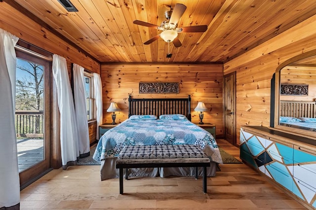 bedroom with access to outside, wooden ceiling, wood walls, and light wood-style floors