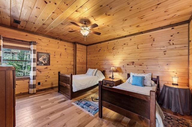 bedroom featuring ceiling fan, light wood-style flooring, visible vents, wood ceiling, and wood walls