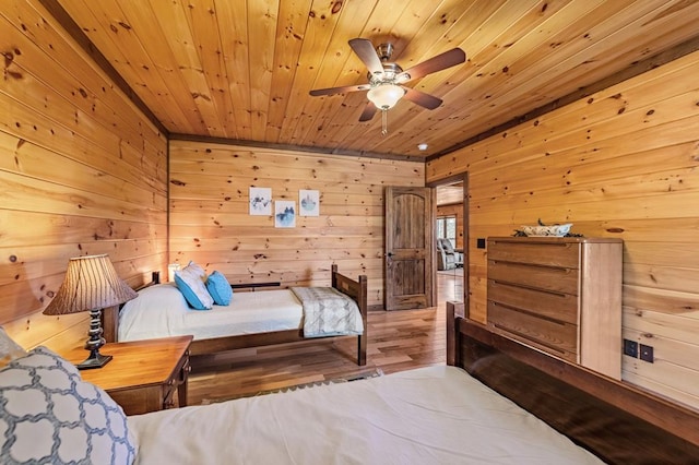 bedroom featuring wood walls, wood finished floors, and wood ceiling