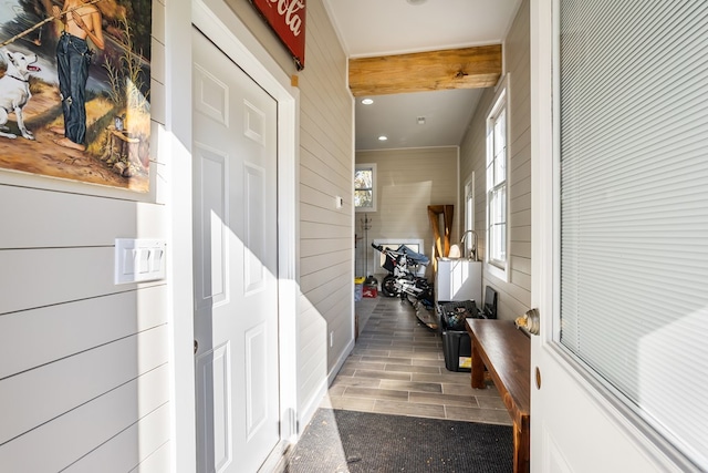 corridor with wooden walls