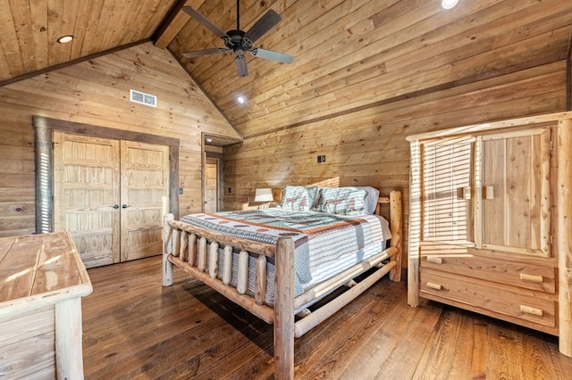 bedroom featuring dark hardwood / wood-style flooring, vaulted ceiling with beams, wood walls, ceiling fan, and wooden ceiling