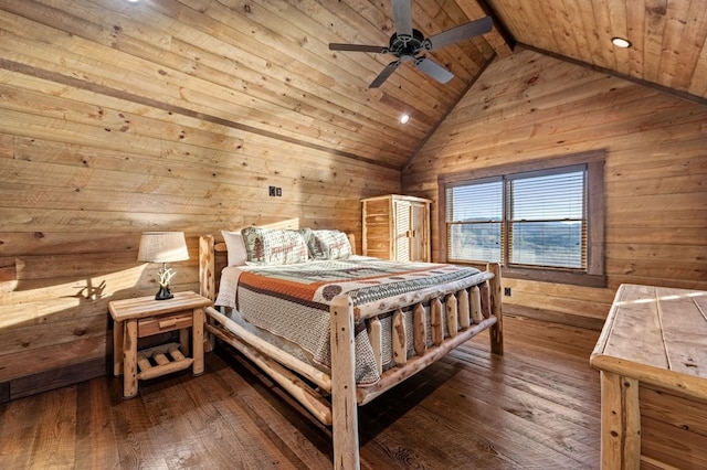 bedroom with ceiling fan, dark hardwood / wood-style flooring, lofted ceiling with beams, and wooden walls