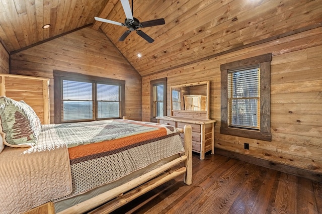 bedroom with ceiling fan, wood walls, lofted ceiling with beams, hardwood / wood-style flooring, and wooden ceiling