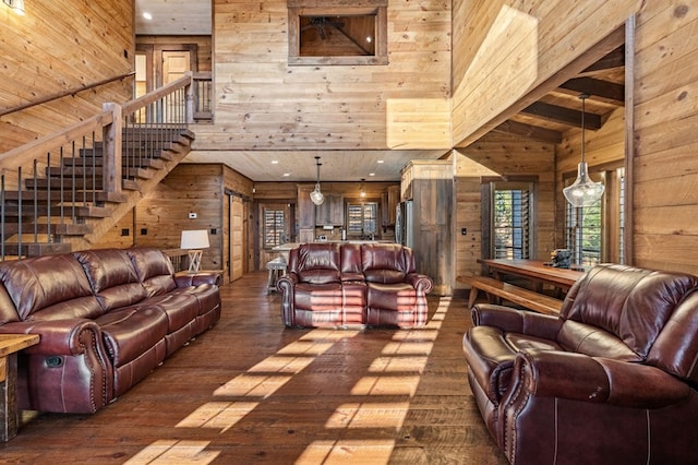 living room featuring high vaulted ceiling, dark hardwood / wood-style flooring, beam ceiling, and wooden walls