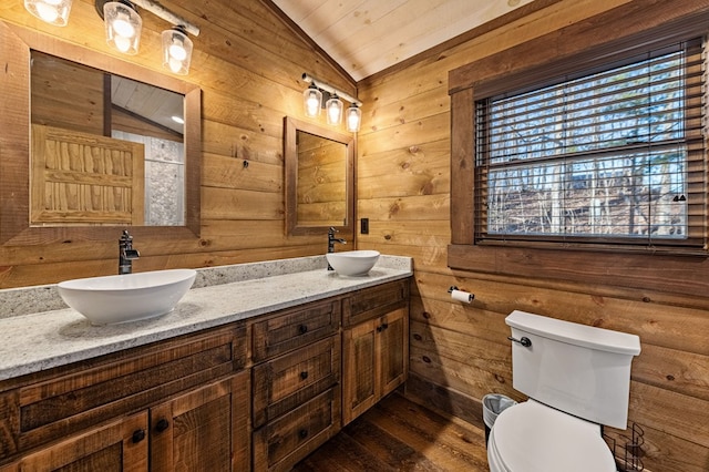 bathroom with toilet, vanity, vaulted ceiling, and wooden walls