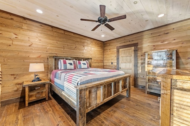 bedroom featuring ceiling fan, hardwood / wood-style floors, wood ceiling, and wooden walls