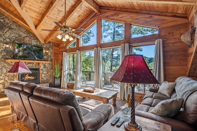 living room with wood-type flooring, a fireplace, beamed ceiling, wooden ceiling, and wooden walls