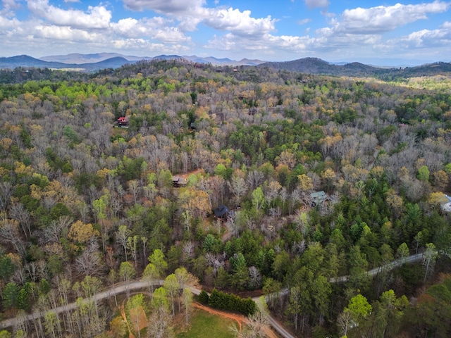 drone / aerial view featuring a wooded view and a mountain view