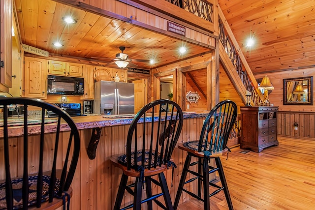 kitchen with stainless steel refrigerator with ice dispenser, electric range, wooden walls, light hardwood / wood-style flooring, and wood ceiling