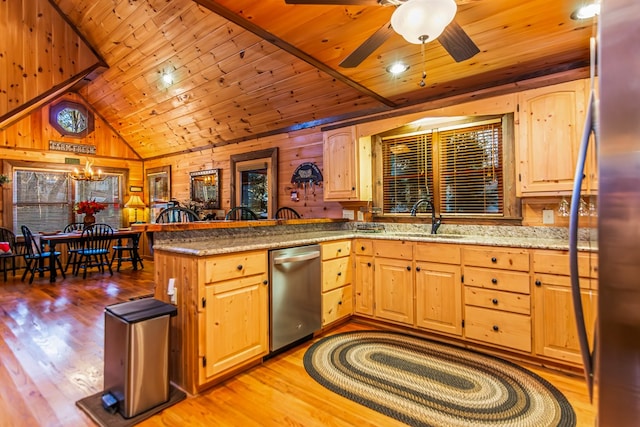 kitchen with kitchen peninsula, wooden walls, wooden ceiling, light wood-type flooring, and sink