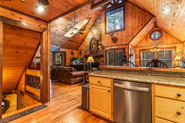 kitchen featuring wood walls, stainless steel dishwasher, light hardwood / wood-style flooring, wood ceiling, and high vaulted ceiling