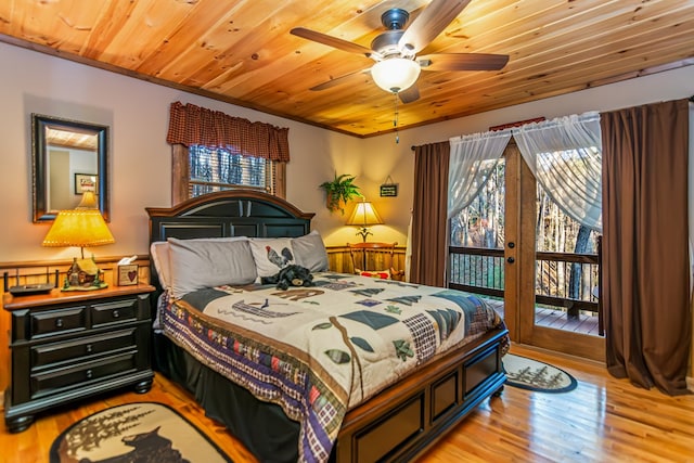 bedroom featuring access to outside, light wood-type flooring, ceiling fan, wooden ceiling, and crown molding