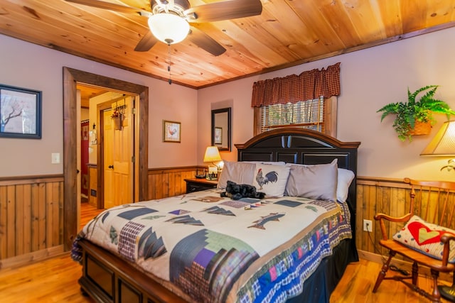 bedroom featuring ceiling fan, light hardwood / wood-style floors, crown molding, and wood ceiling