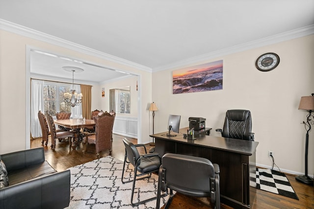 office area with dark wood-style floors, baseboards, a notable chandelier, and crown molding