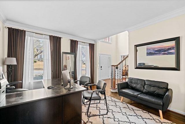 office space with ornamental molding, a healthy amount of sunlight, and wood finished floors