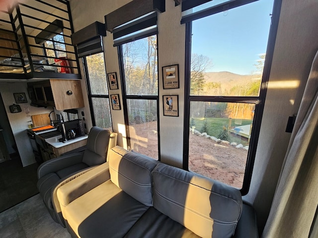 interior space with a mountain view