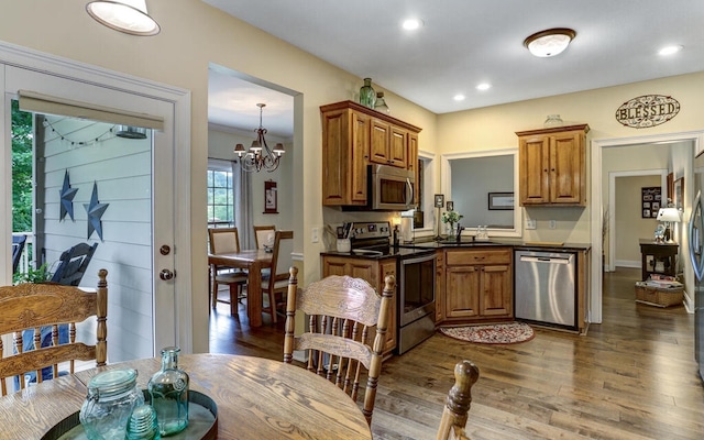 kitchen featuring dark wood-type flooring, a healthy amount of sunlight, and appliances with stainless steel finishes