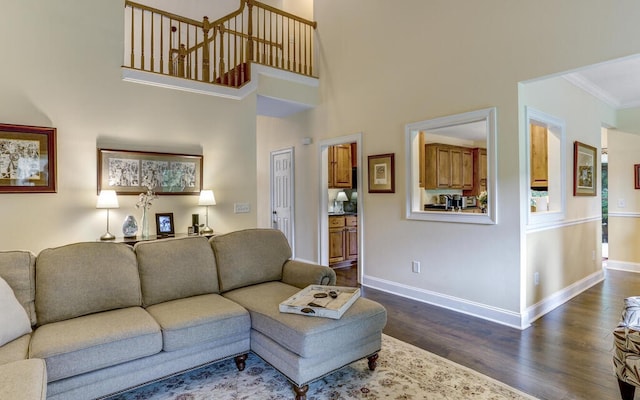 living room featuring crown molding, wood-type flooring, and a towering ceiling