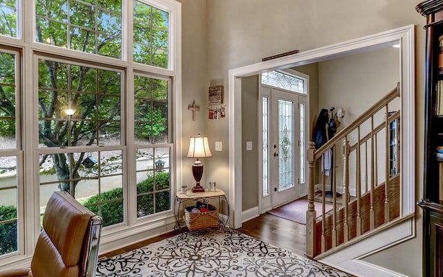 foyer featuring a towering ceiling, a healthy amount of sunlight, and wood-type flooring