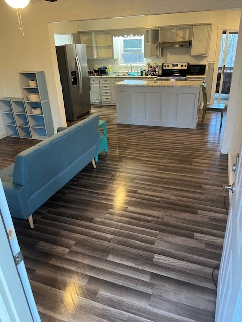 kitchen with ceiling fan, dark hardwood / wood-style flooring, stainless steel appliances, and sink