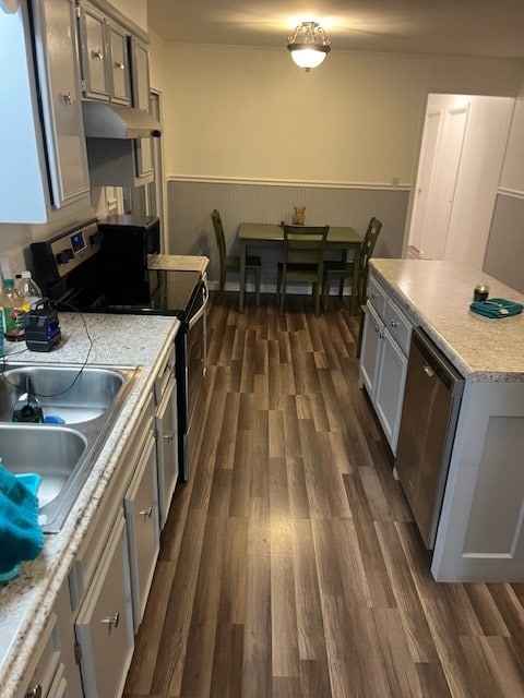 kitchen featuring sink, stainless steel appliances, and dark wood-type flooring