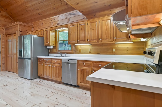 776 Mountain Oak Rd, Ellijay, GA 30536 - kitchen featuring appliances with stainless steel finishes, wood walls, vaulted ceiling, light wood-style flooring, and wooden ceiling