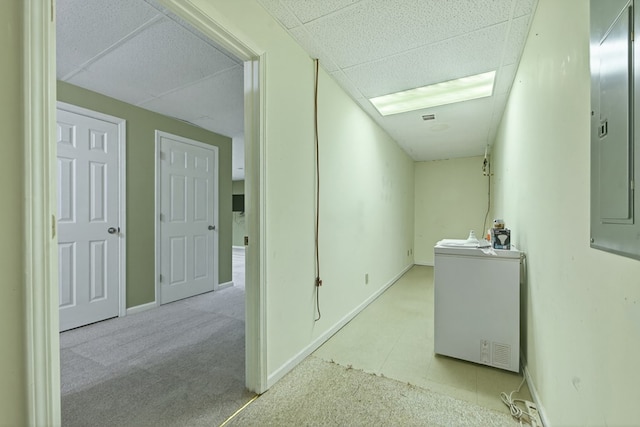 776 Mountain Oak Rd, Ellijay, GA 30536 - hallway featuring electric panel, washer / dryer, a paneled ceiling, and light colored carpet