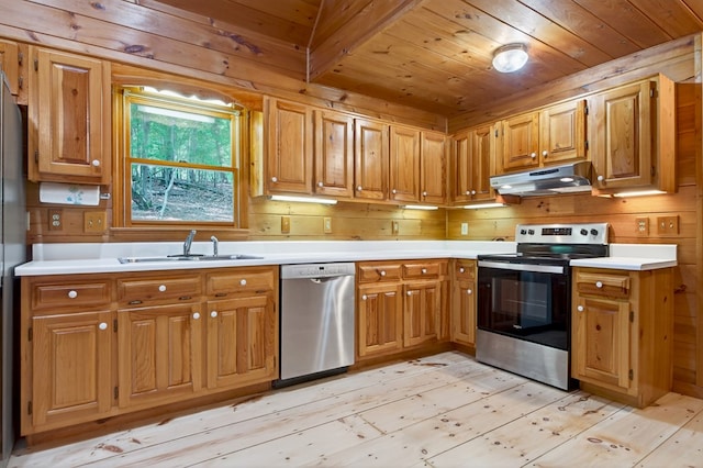 776 Mountain Oak Rd, Ellijay, GA 30536 - kitchen featuring appliances with stainless steel finishes, under cabinet range hood, wood ceiling, light wood-style flooring, and light countertops