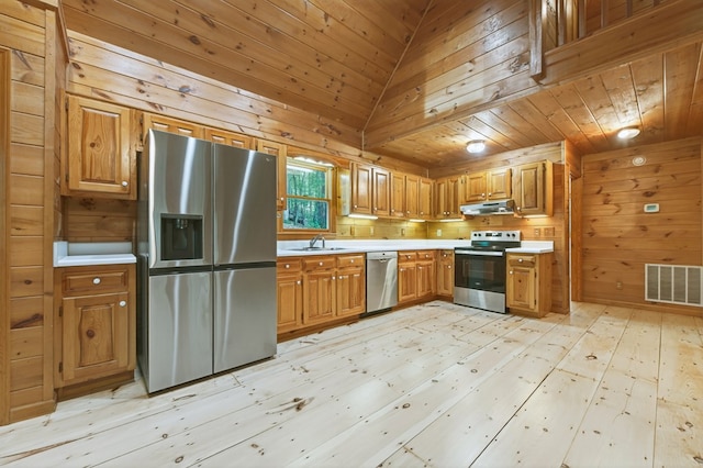 776 Mountain Oak Rd, Ellijay, GA 30536 - kitchen featuring stainless steel appliances, under cabinet range hood, wood walls, light countertops, and wooden ceiling