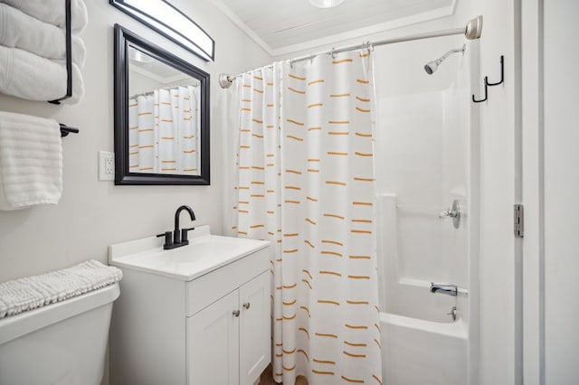 full bath featuring toilet, ornamental molding, vanity, and shower / tub combo with curtain