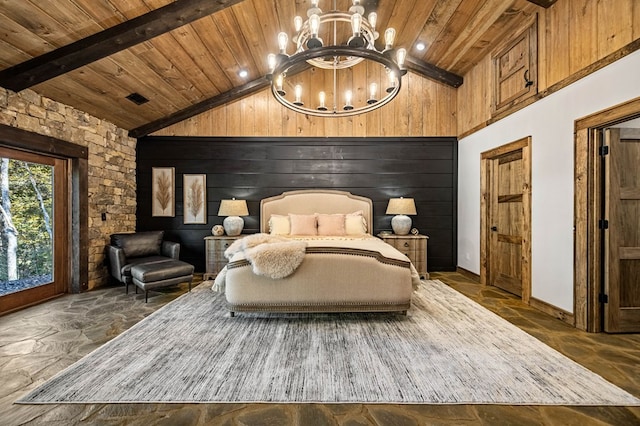 bedroom with high vaulted ceiling, wood ceiling, and an inviting chandelier