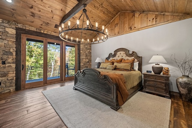 bedroom featuring access to exterior, beamed ceiling, high vaulted ceiling, wood-type flooring, and wood ceiling