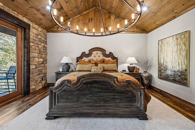 bedroom with access to outside, lofted ceiling, wooden ceiling, and dark wood-type flooring