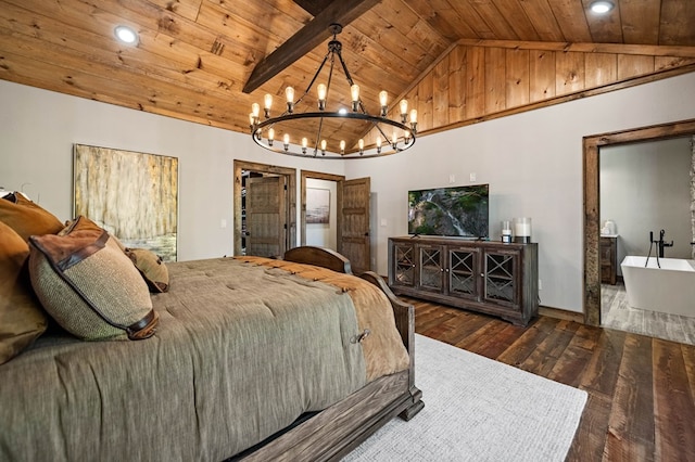 bedroom featuring vaulted ceiling with beams, dark hardwood / wood-style flooring, wood ceiling, and an inviting chandelier