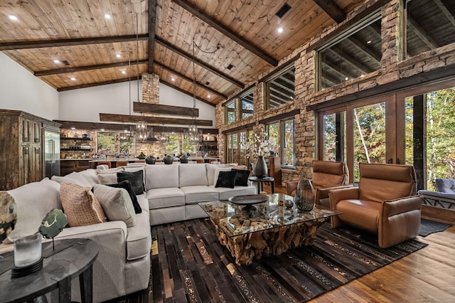 interior space featuring lofted ceiling with beams and wooden ceiling