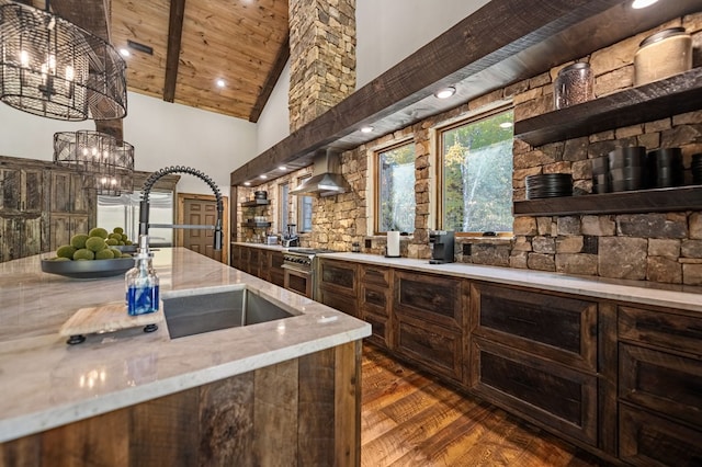 bar featuring wood ceiling, wall chimney range hood, decorative light fixtures, a notable chandelier, and dark hardwood / wood-style floors