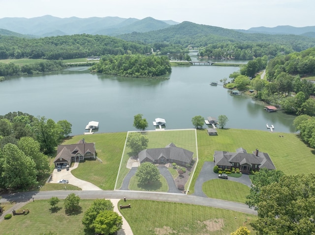 1537 Victoria Woods Dr, Hiawassee, GA 30546 - aerial view of property and surrounding area with a water and mountain view, property boundaries highlighted, and a heavily wooded area