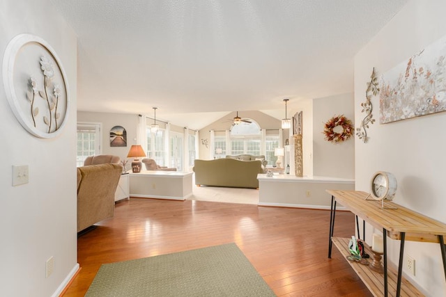 1537 Victoria Woods Dr, Hiawassee, GA 30546 - living room with wood finished floors, healthy amount of natural light, lofted ceiling, and ceiling fan