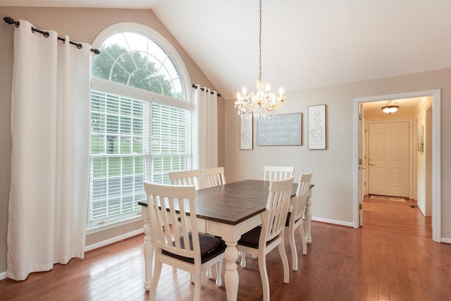 1537 Victoria Woods Dr, Hiawassee, GA 30546 - dining room featuring light wood-style floors, lofted ceiling, a chandelier, and baseboards
