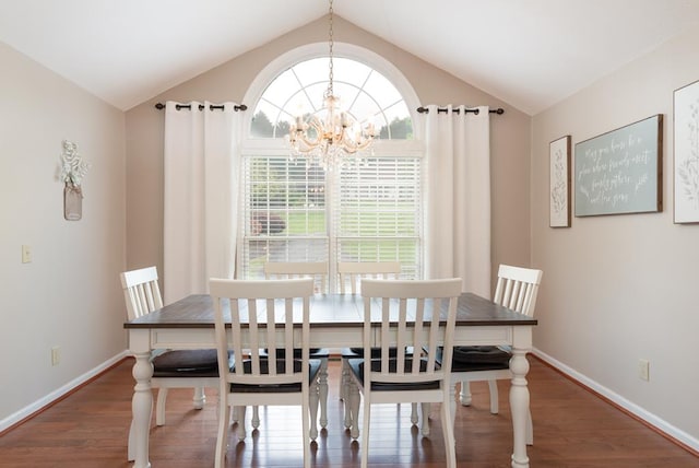 1537 Victoria Woods Dr, Hiawassee, GA 30546 - dining area featuring wood finished floors, a chandelier, lofted ceiling, and baseboards