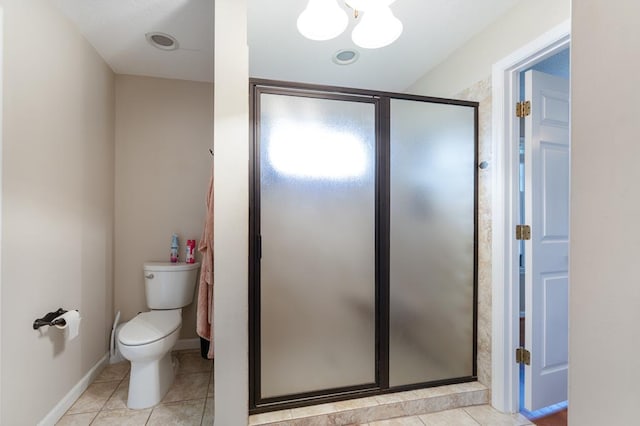 1537 Victoria Woods Dr, Hiawassee, GA 30546 - bathroom featuring a shower stall, tile patterned flooring, toilet, and a chandelier