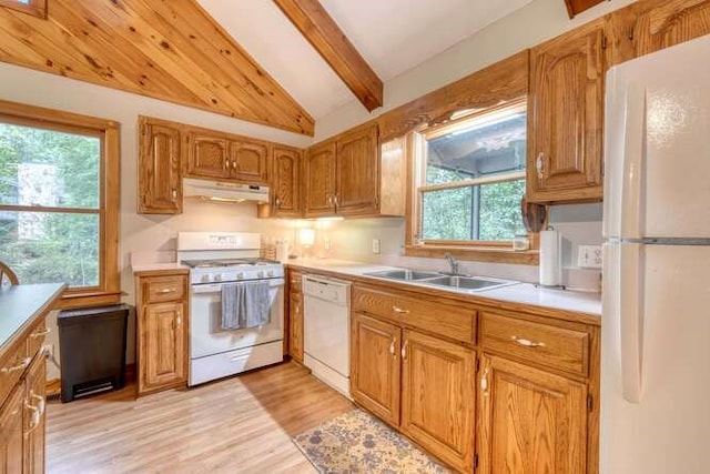 kitchen featuring light wood-type flooring, white appliances, lofted ceiling with beams, and sink