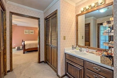 bathroom with vanity and crown molding