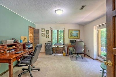 carpeted home office featuring a textured ceiling and plenty of natural light