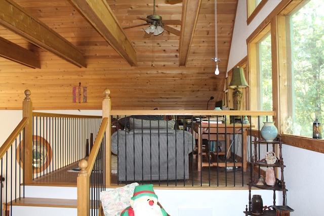 interior space featuring beamed ceiling, wooden ceiling, and ceiling fan