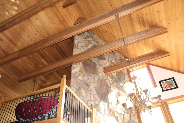 601 Sierra Cir, Murphy, NC 28906 - detailed view of wood ceiling with exposed beams and a chandelier