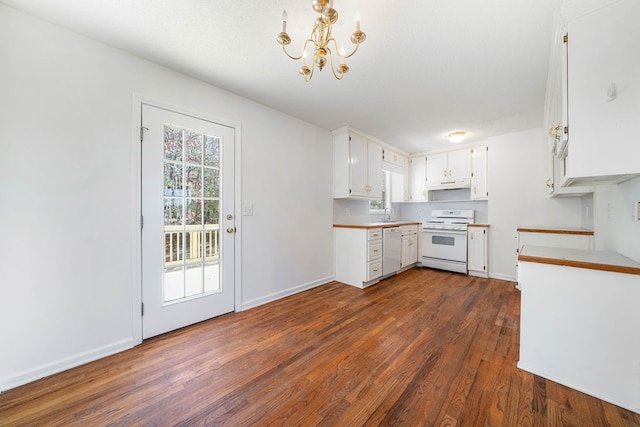 kitchen with light countertops, dark wood-type flooring, white cabinetry, white appliances, and under cabinet range hood